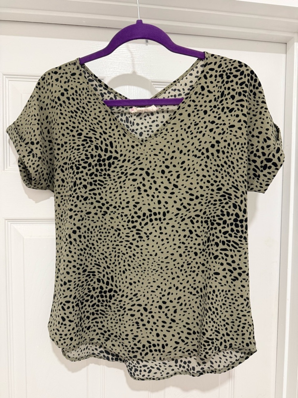 Women's Olive Green V-Neck Short Sleeve Blouse with Black Spot Print
